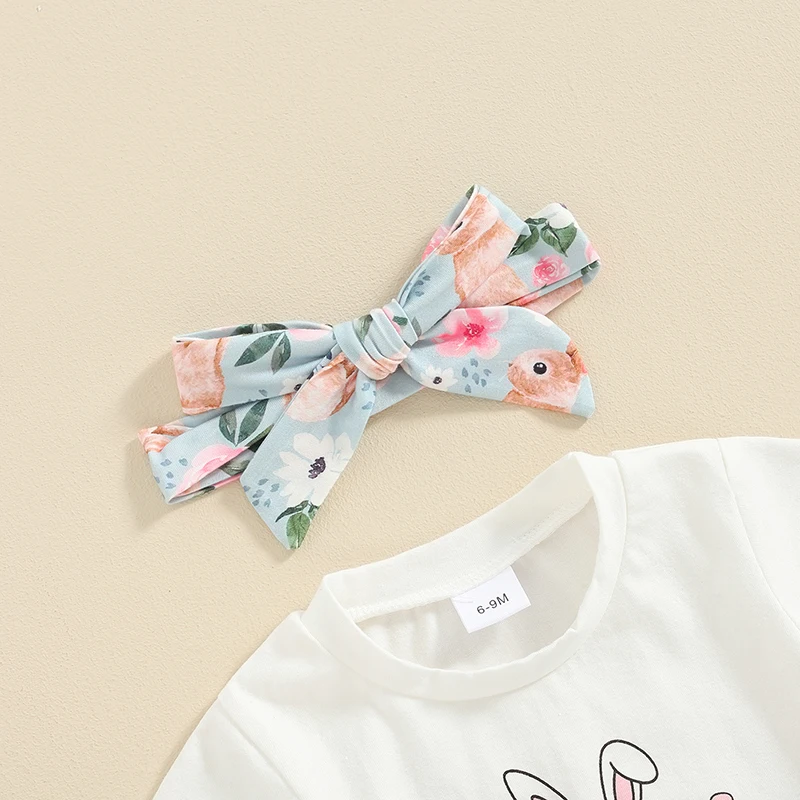 

Летняя одежда для маленьких девочек, пасхальные наряды, нижняя рубашка с коротким рукавом и принтом кролика, цветочные расклешенные брюки набор повязок