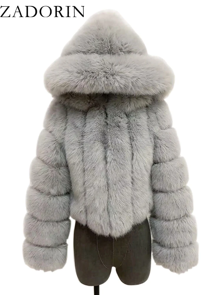 ZADORIN Winter Fur Top For Women Mink Coat Hooded Cropped Faux Fur