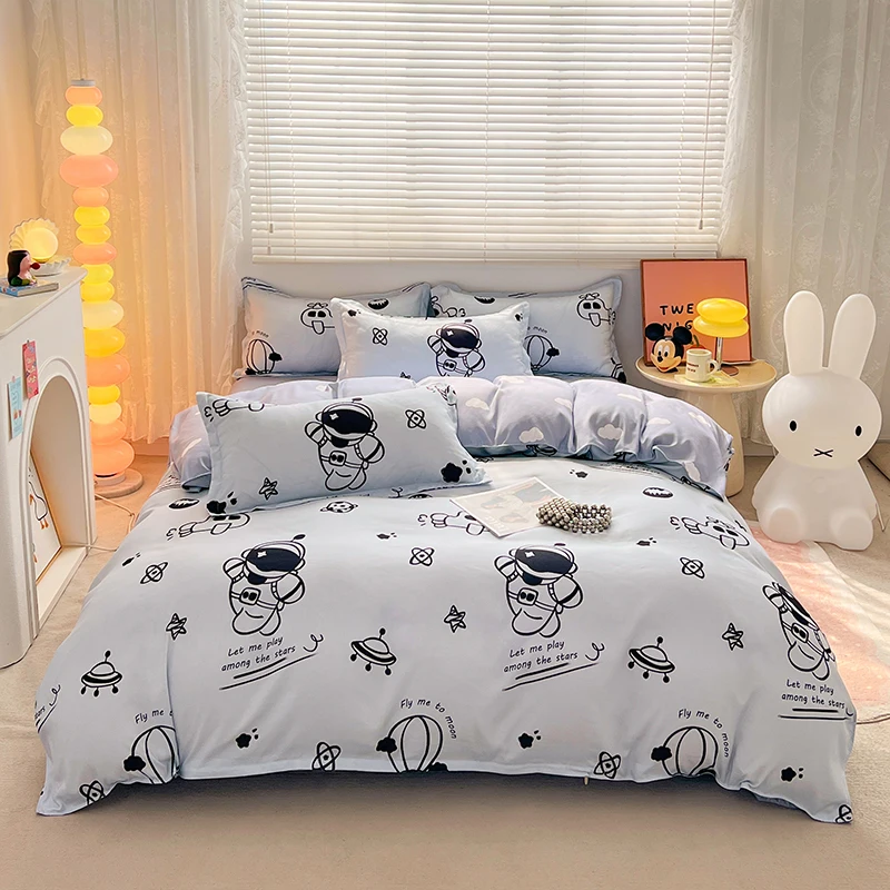 

Outer Space Duvet Cover Set Galaxy Cartoon Astronaut Printed Bedding Set Kids Boys Reversible Comforter Cover with Zipper Ties