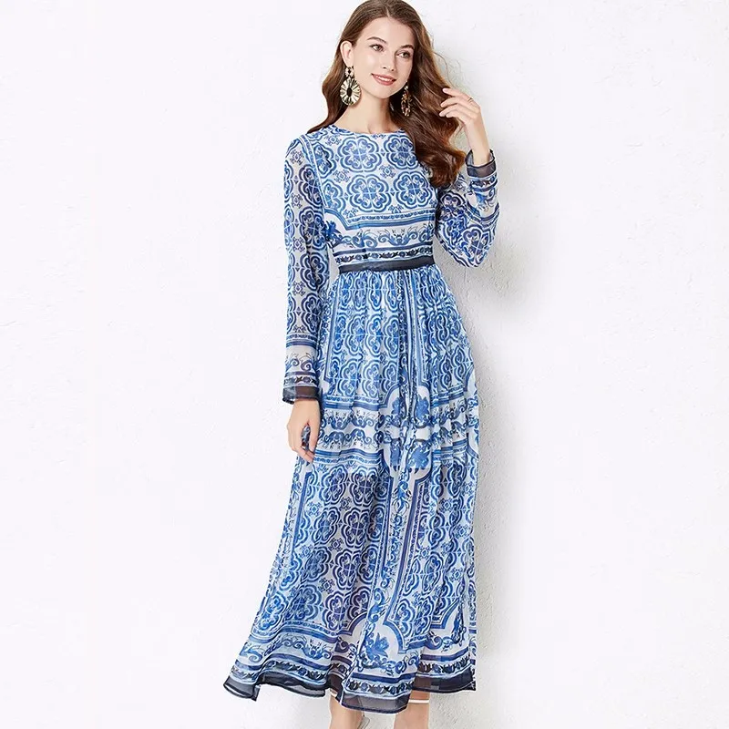 

Runway Summer New Blue And White Porcelain Printing Chiffon Maxi Dress Boho Vintage Women's O Neck Holiday Long Vestidos Robe