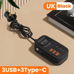 6 - Port USB Fast Charger Power Strip with Desktop Charging Station and Universal Plug Options - 3USB3C Black UK