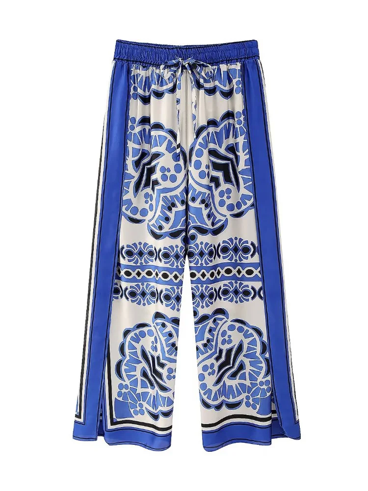 

Willshela Women Fashion Printed Drawstring Straight Pants Vintage High Elastic Waist Female Chic Lady Trousers