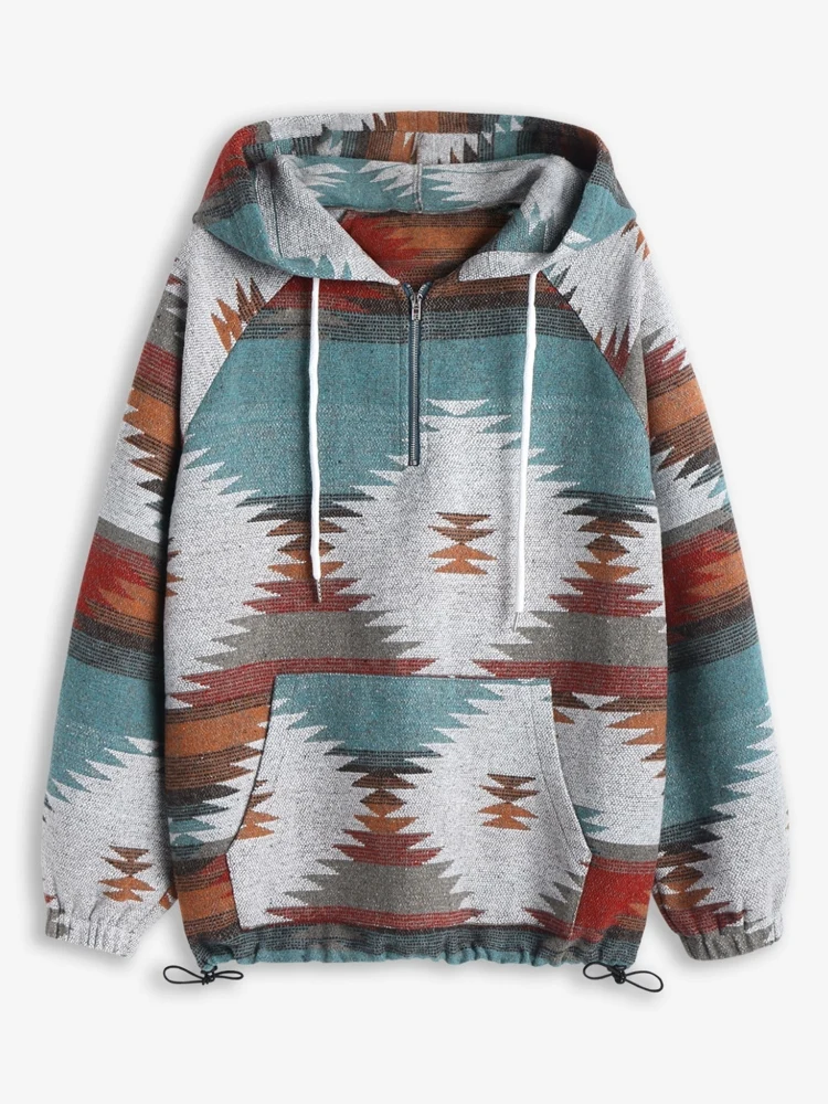 

ZAFUL Ethnic Aztec Print Long Raglan Kangaroo Pocket Quarter Zip Toggle Drawstring Hem Pullover Hoodie 510614201