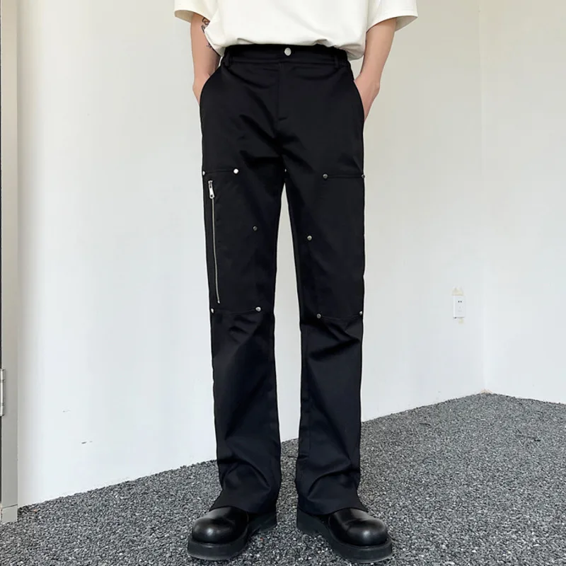 Vintage Men Casual Pants Solid Color Rivet Zipper Joggers Loose Flare Trousers Fashion Men Streetwear Long Pants