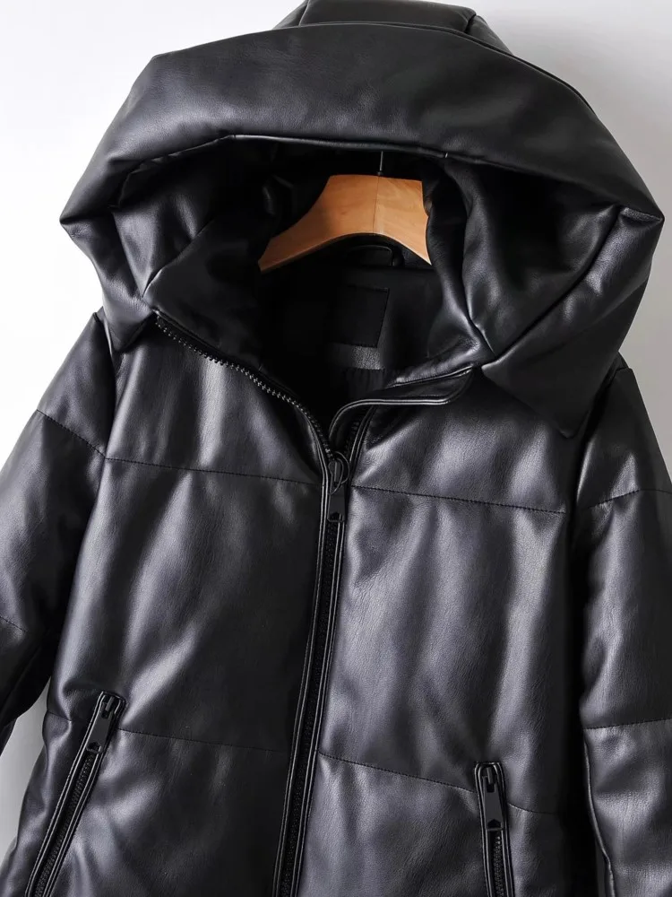 Thicken Snow Parkas 2023 Winter Women\'s Warm Hooded PU Leather Jacket Black Loose Long Coat Windproof Female Faux PU Overcoat