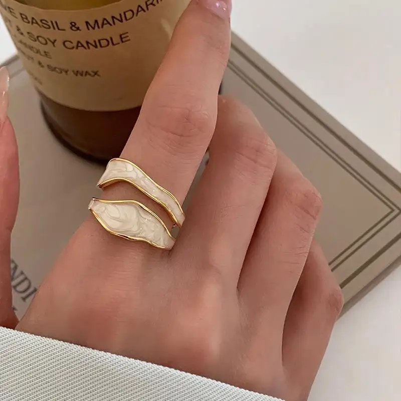 1pc Vintage White Enamel Metal Irregular Shape Geometric Open Adjustable Ring for Women Girl Fashion Jewelry Birthday Gifts 1
