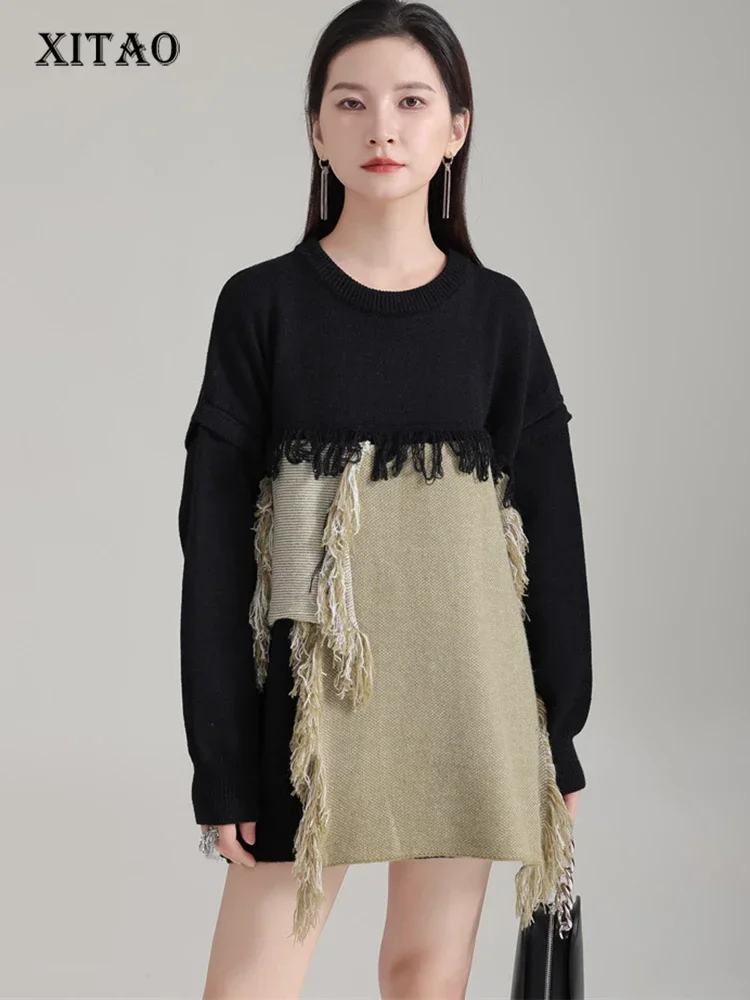 

XITAO O-neck Knitting Sweaters Fashion Tassel Loose Casual Vintage Personality Patchwork Autumn Women New Sweaters DMJ2826