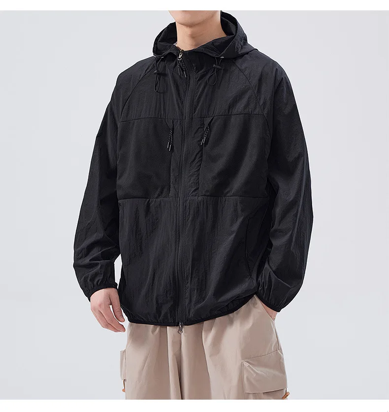 Summer Thin Outdoor Breathable Sunscreen Clothes Men and Women Loose Hooded UV Ice Silk Jacket Zipper Drawstring UPF50+