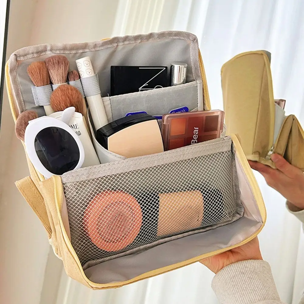 Tragbare stehende Make-up-Tasche aus Oxford-Stoff, wasserdicht, mit Fächern, Kosmetiktasche, großes Fassungsvermögen, Studenten-Stifttasche für Damen und Mädchen – Detail 11