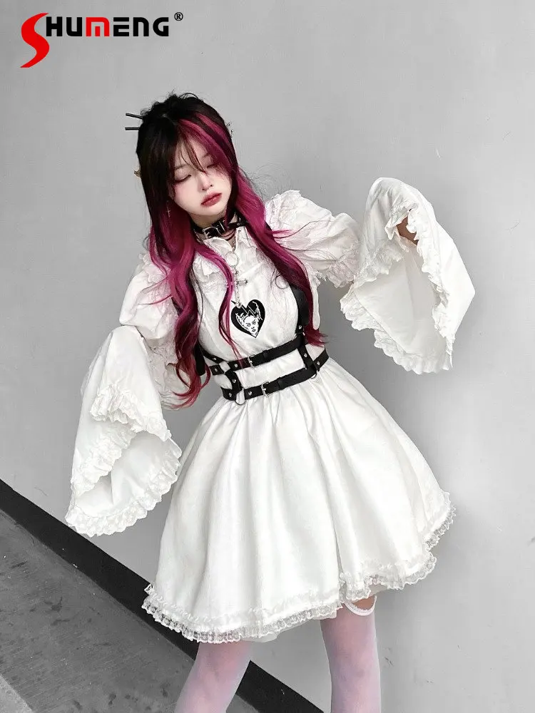 

Original White Suspension Printed Milk Dress 2023 New Sweet Pettiskirt Flare Long Sleeve Doll Collar Dresses with Belt 3 Pieces