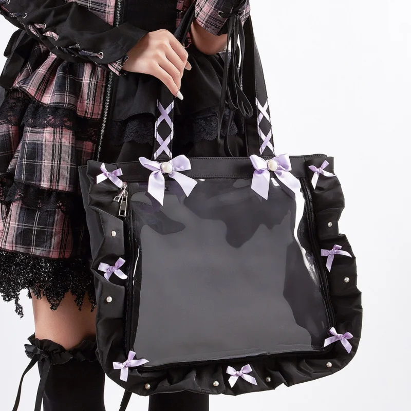 Japanese Style Lolita Bowknot Pain Bag Large Capacity Tote Shoulder Bag for Badge Pin Display