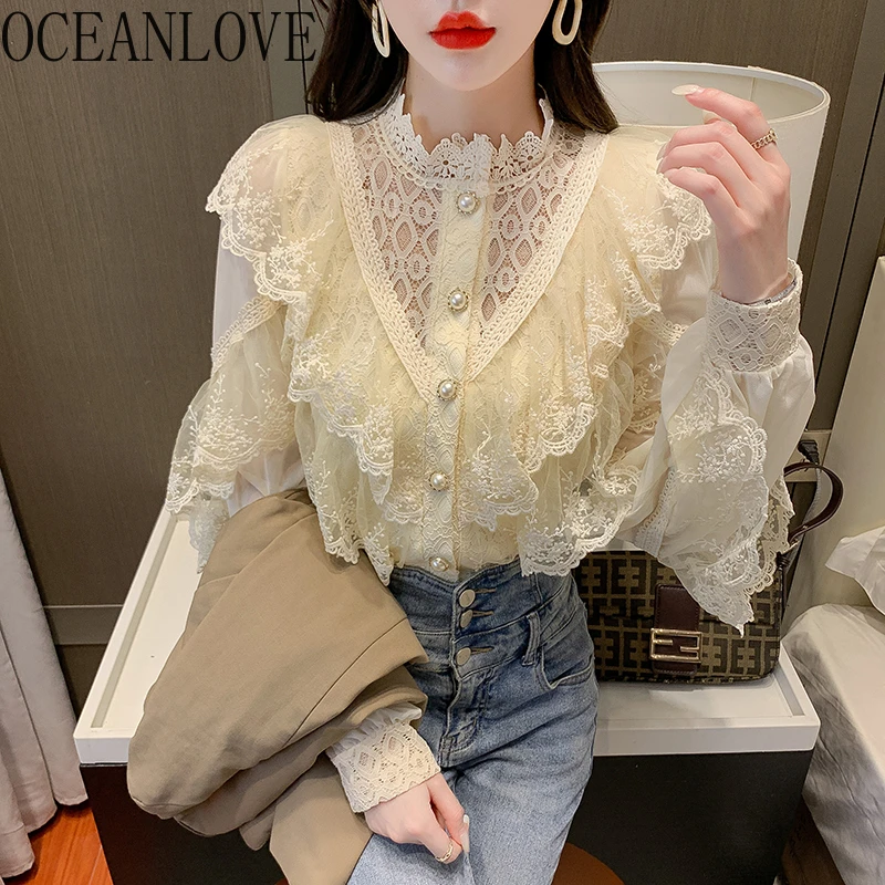 OCEANLOVE camisas con volantes encaje mujer, Blusas elegantes de manga abombada, Blusas de solo pecho 2022, primavera 19962|Camisa| - AliExpress