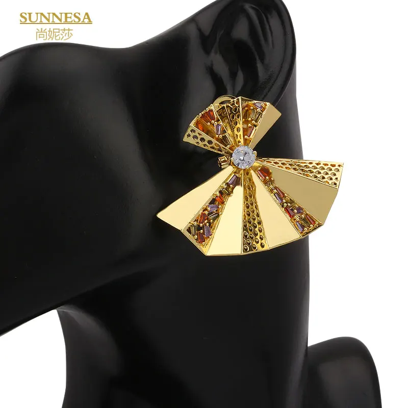 SUNNESA Italian 18k Gold Plated Earrings for Women Geometric Luxury Colorful Zircon Big African Clip Earrings Dubai Jewelry