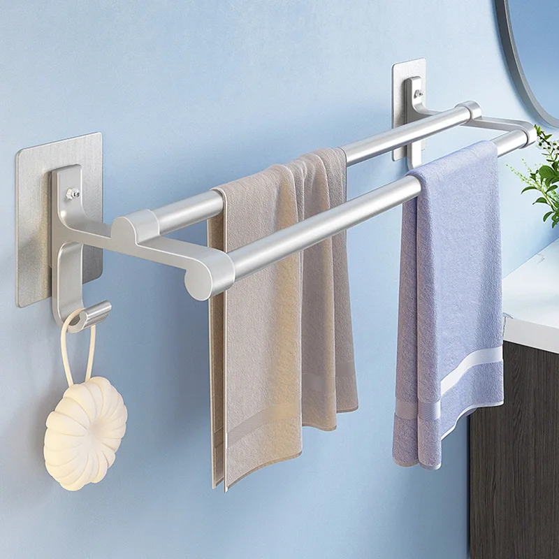 Double Rod Bathroom Towel Holder Self-Adhesive Aluminum Wall Mounted Towel Rack without Drilling Screws Bathroom Hanger towel rack towel holder
