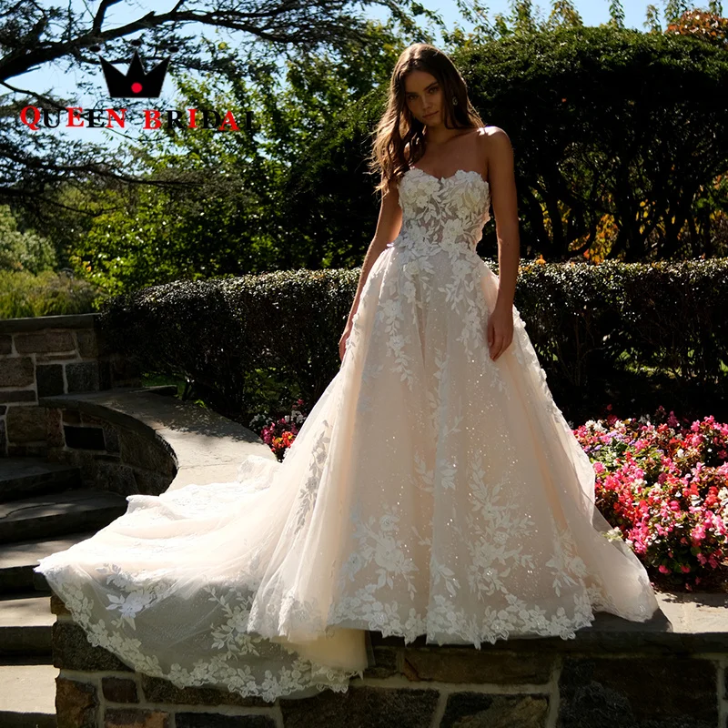 

Elegant Civil Wedding Dresses Sweetheart Sleeveless Appliques Sequined Lace Bridal Ball Gowns Vestidos De Novia Custom Z42M