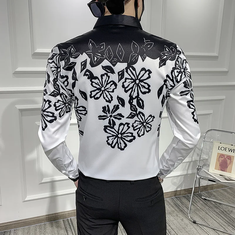 

2022 Autumn Formal Shirt For Men Prom Club Outfit Shirt Black White Flower Patchwork Print Shirt Men Camisa Slim Fit Masculina S