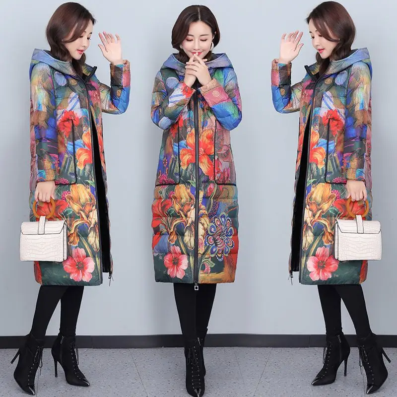 

Women Hooded Winter Puffer Jackets 2023 Ultra Light Duck Down Slim Coats Fashion Office Lady Long Printing Parkas T881