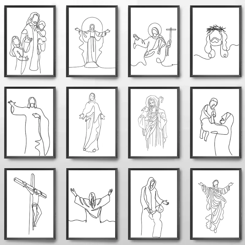 Jesus Christ Line Art Canvas Painting Wall Picture Prints Easter Church Cross Pastore Bible Poster Nordic Room Home Decor