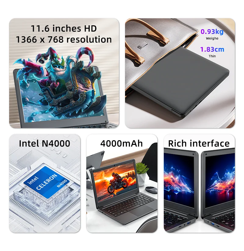 JOHNKANG 11.6 Inch Mini Laptop Intel Celeron N4000 8G RAM 128G 256G SSD Wifi Office Study Black Portable Ultraslim Pocket Laptop