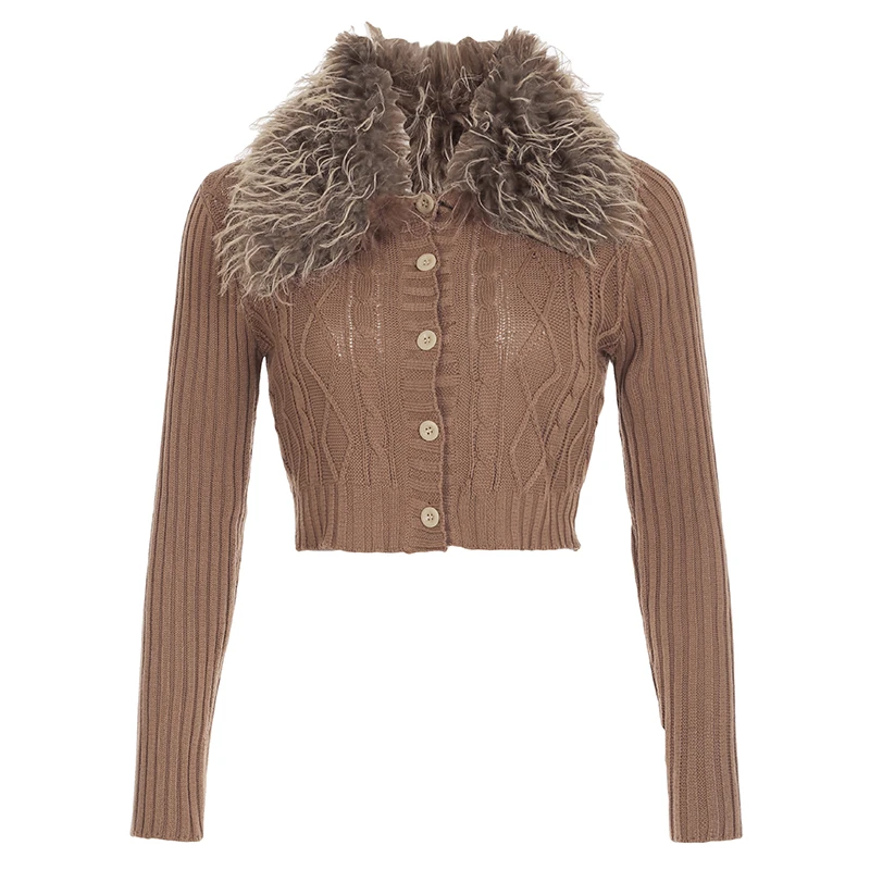 Y2K Brown Buttons Crop Sweater with Detachable Fur Collar Autumn Vintage 2000s Knitted Cardigan Slim Winter Outfits