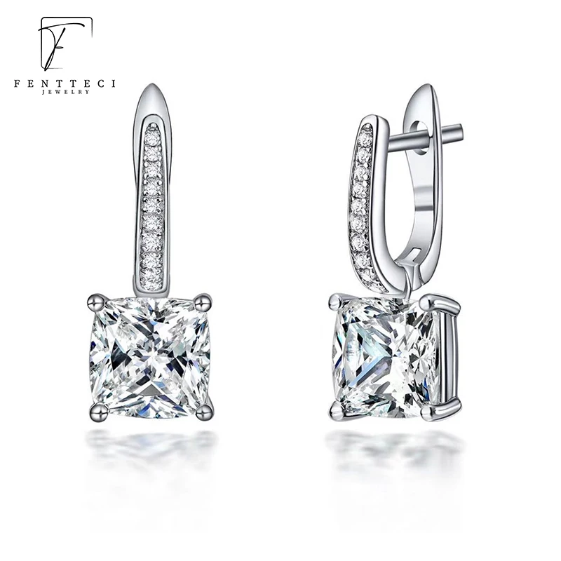 

FENTTECI s925 Sterling Silver Real Moissanite Square Diamond Drop Earrings for Women Wedding Engagement Luxury Jewelry With GRA