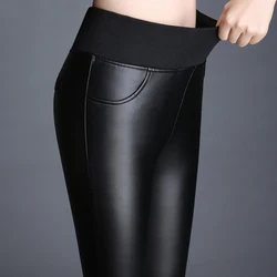 High Waisted Elastic Waist Thickened Pants PU Leather Pants Women's Autumn and Winter soft Leather Tight Pants Boots LeatherPant