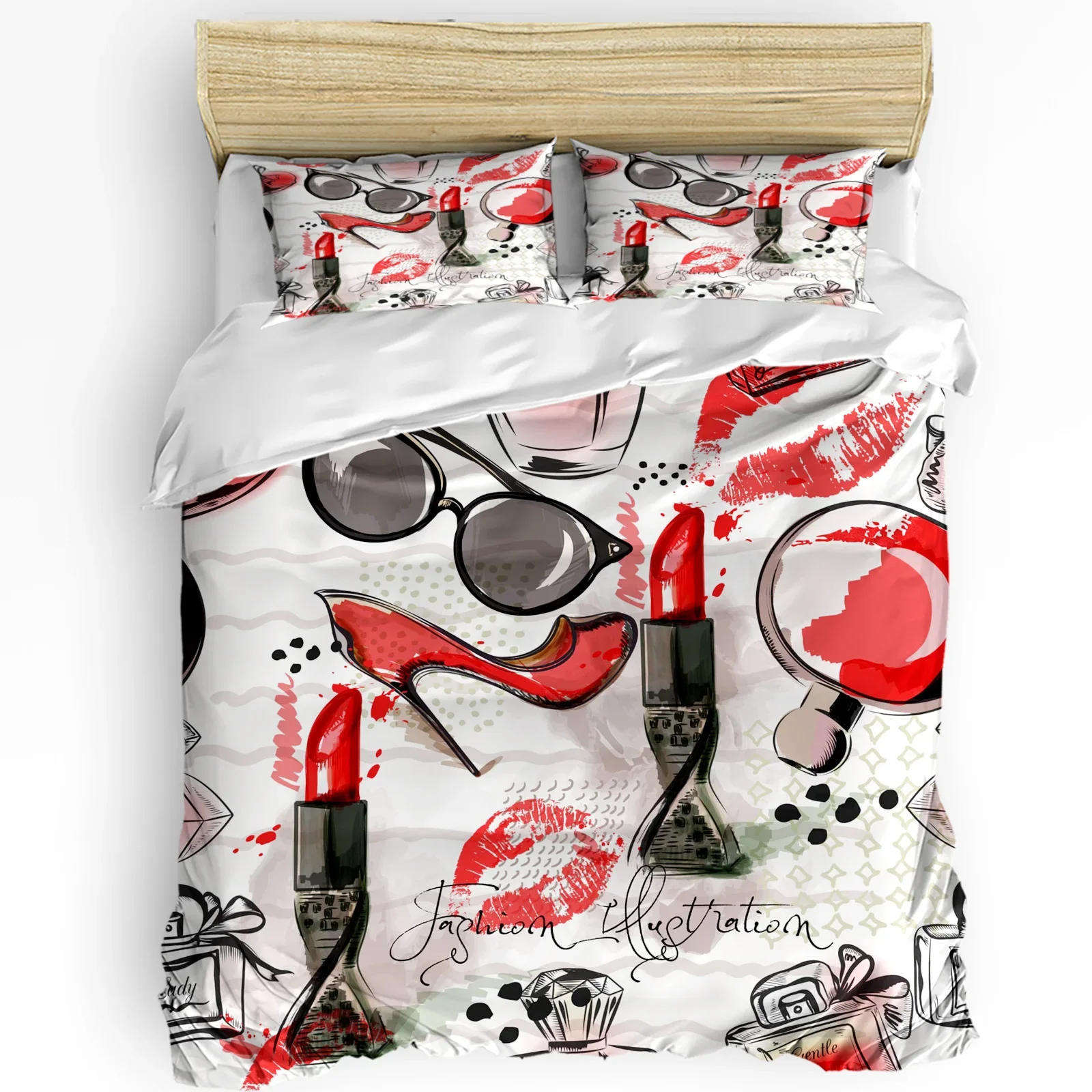

High Heel Glasses Cosmetics Lipstick 3pcs Bedding Set For Bedroom Double Bed Home Textile Duvet Cover Quilt Cover Pillowcase