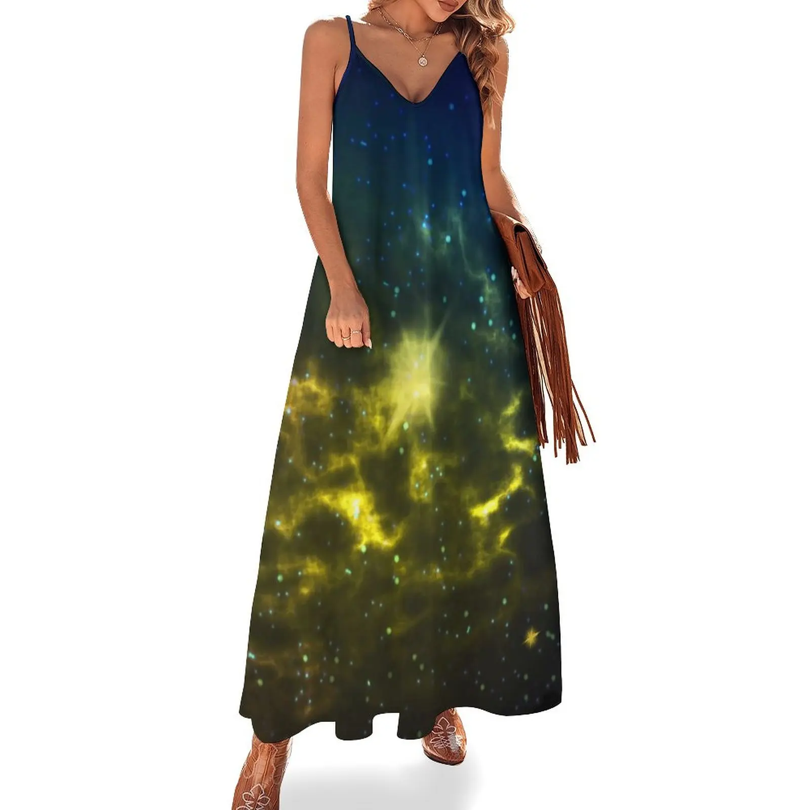 

Bright Galaxy Dress Cosmic Starry Sky Elegant Maxi Dress V Neck Casual Long Dresses Strap Stylish Oversized Vestido