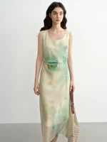 DUSHU Plus Size Women’s Clothing Ink Pleated Waist Dress 2025 Summer New Slim Medium Long A-line 25DS82586