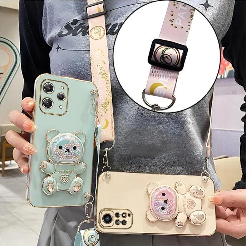 Quicksand Bear Holder Lanyard Phone Case For Xiaomi Redmi Note 12s 12 Pro Plus 4G 5G 12C Strap Stand Cover_voghion.com