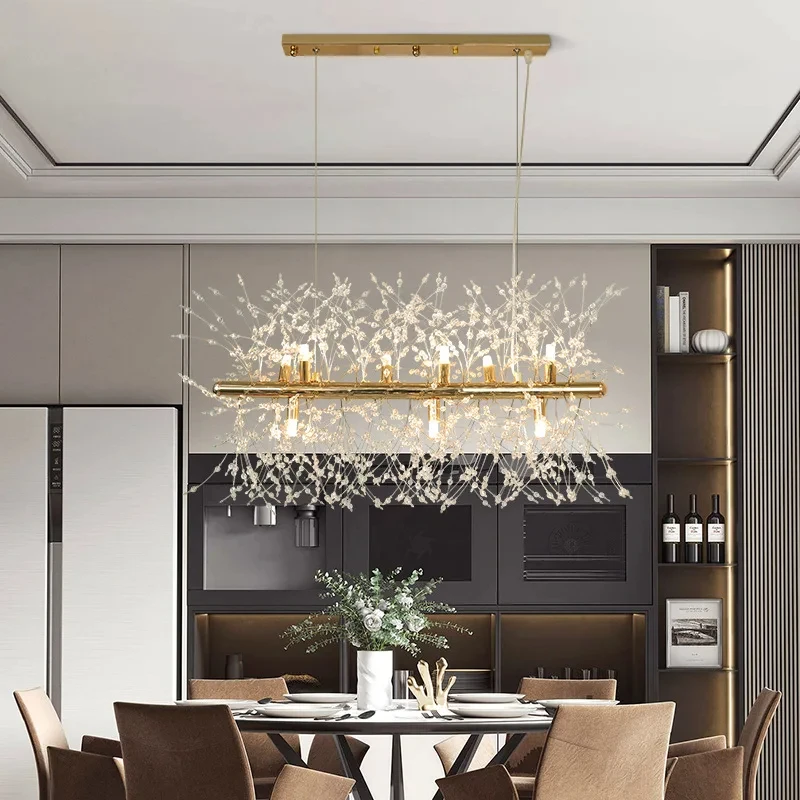 

Modern Long Crystal Pendant Lights Gold G9 for Dining Living Room Center Table Kitchen Chandelier Home Decor Lusters Luminaires