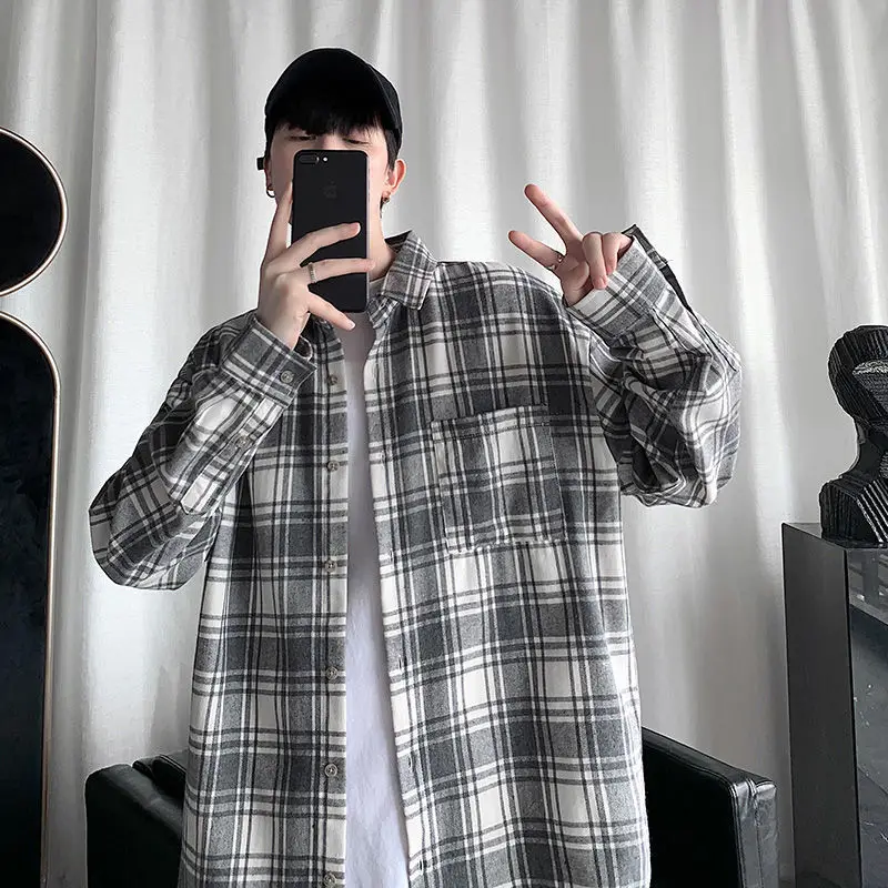 Spring and Autumn Trend Plaid Shirt Men's New Handsome Cotton Top Loose Korean Version Long Sleeve Large Size Coat Men's Shirt