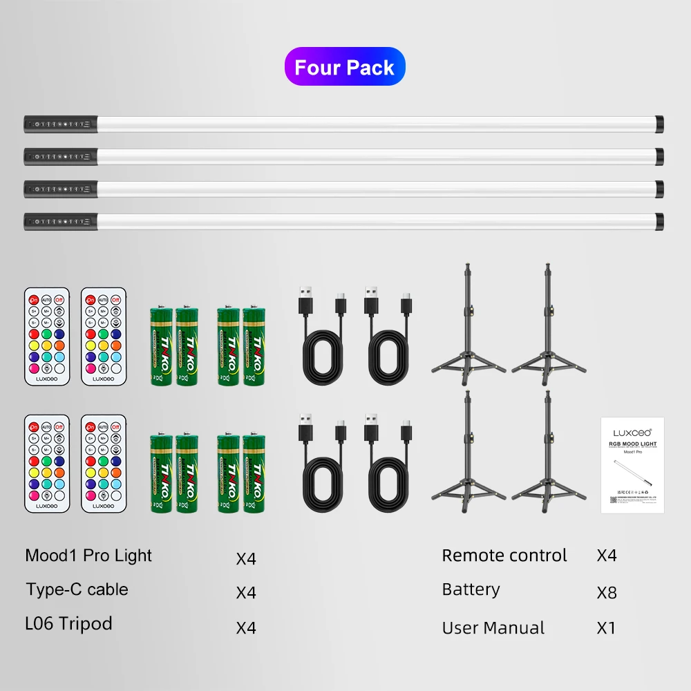 LUXCEO 120cm 4개 세트 5W LED 무드 조명 리모컨 포함, RGB 색상 변경 기능, 바, 무대, 파티, 크리스마스 장.