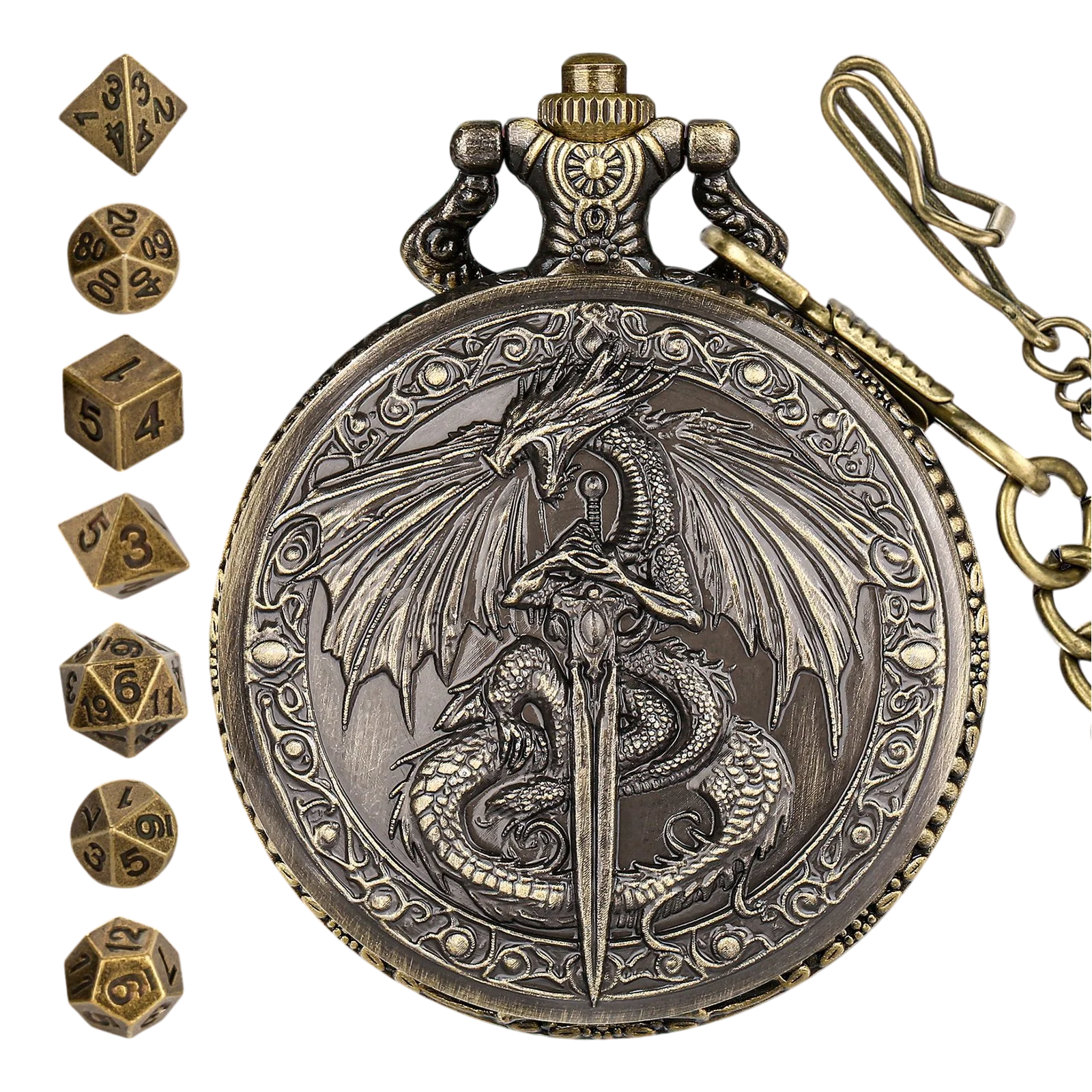 Dragon-Themed Retro Pocket Watch Case with 7-Piece Metal Polyhedral Dice Set