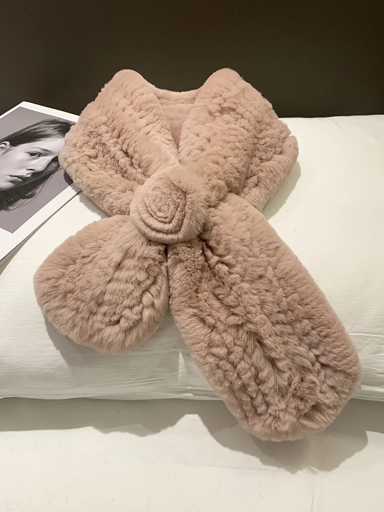 Modischer echter Rex-Kaninchenfell-Schal, winddicht, warm, gestrickt, Halstuch, kältebeständig, verdickter Halskragen für Damen – Detail 3