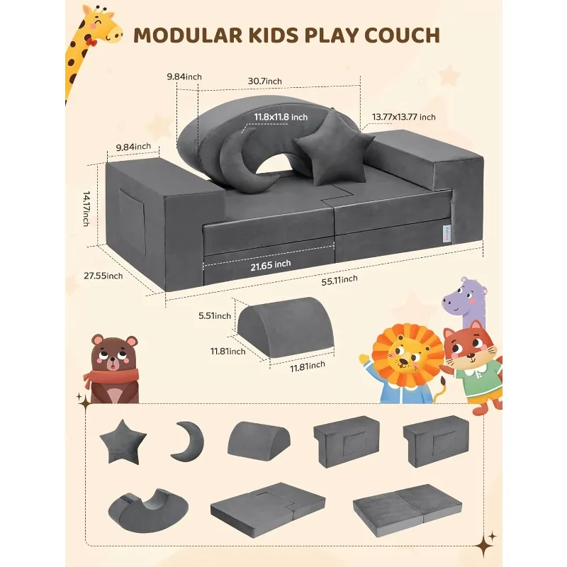 Modular Kids Play Couch,Upgraded Play Couch Convertible Rocking Horse,Sectional Kids Sofa Couch with Star Moon for Kids 2