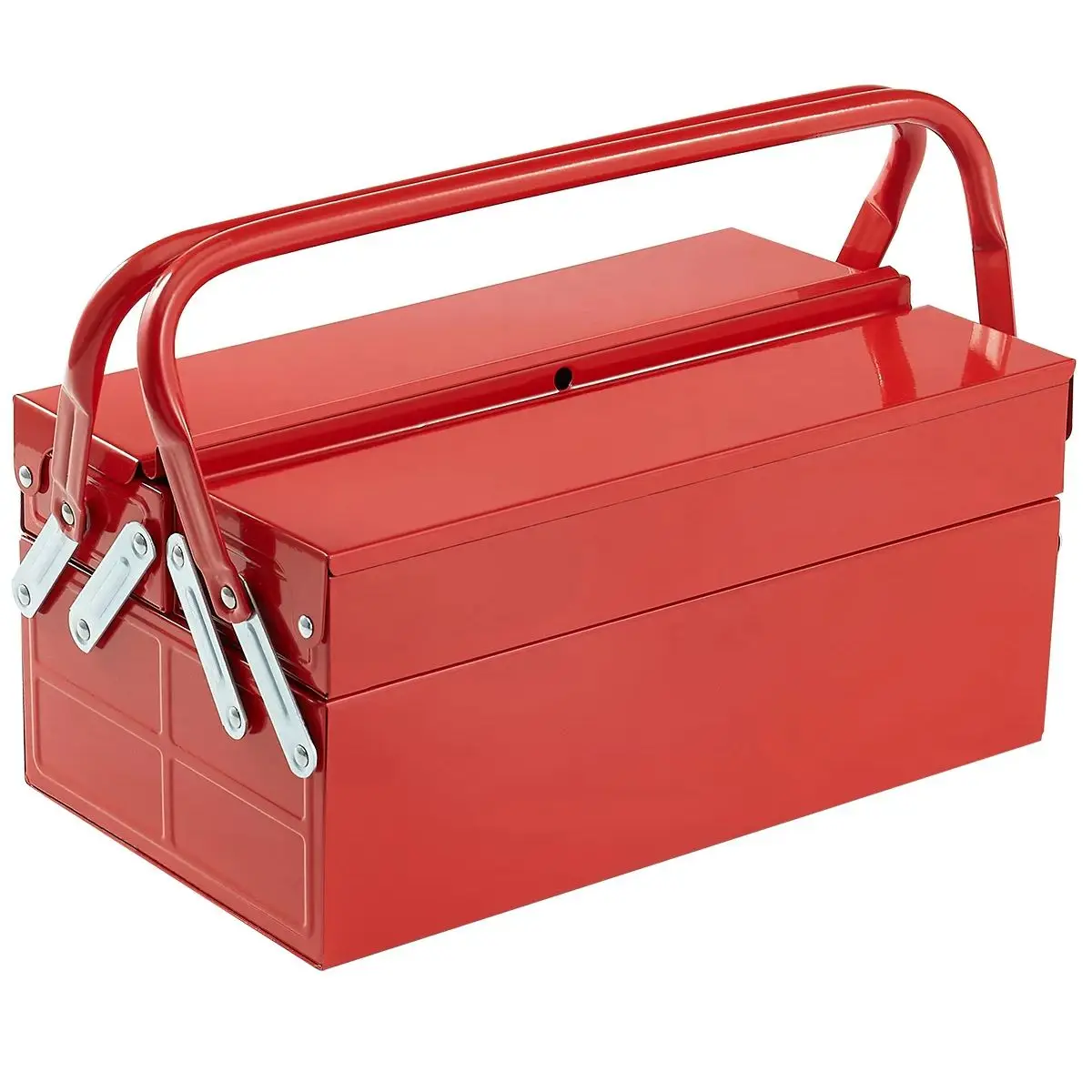 SucceBuy Metal Tool Box 2-Tier 3-Tray Portable Folding Tool Chest Organizer with Handle & Lock Toolbox for Factory Repair Shop