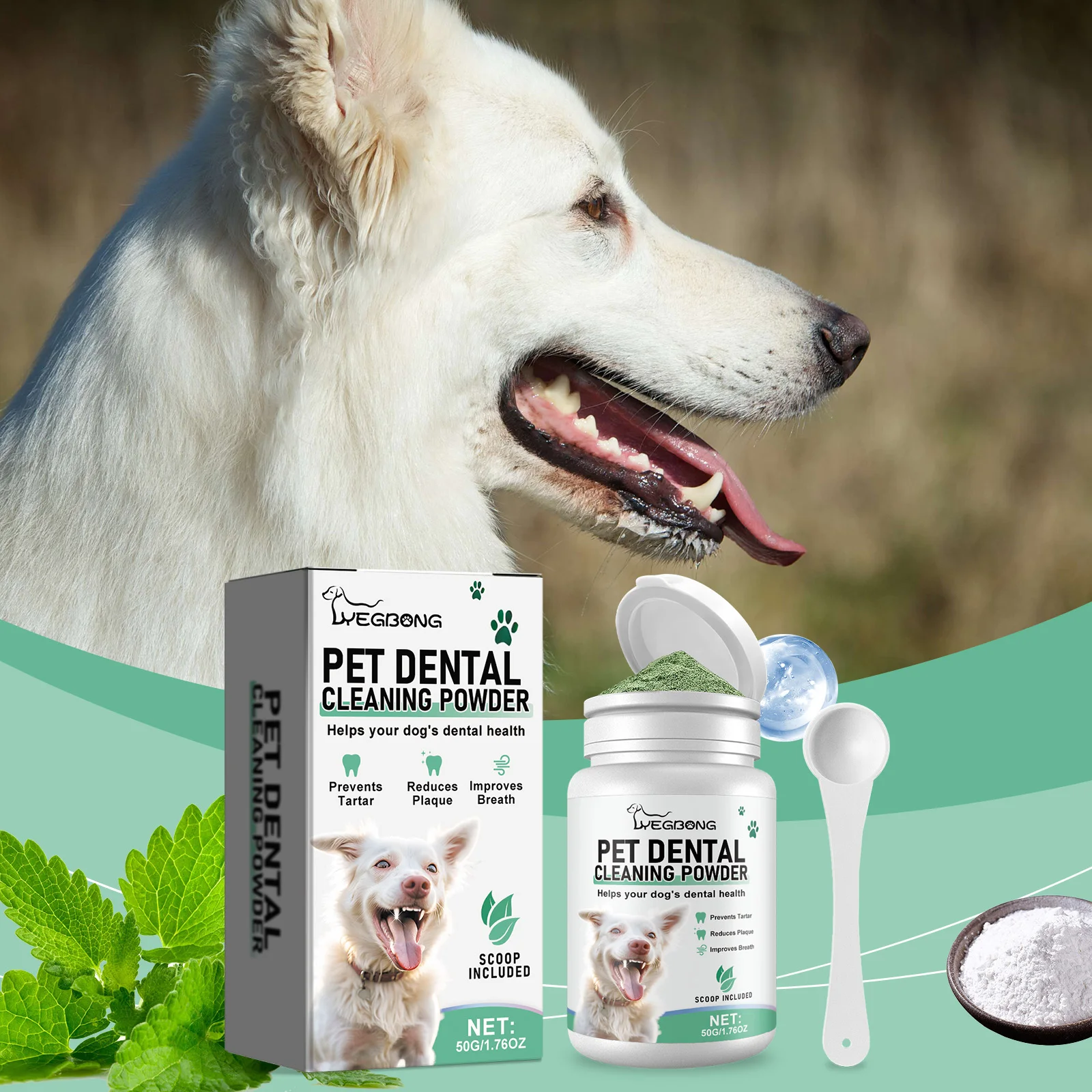 YEGBONG Pet Dental Cleaning Powder for Dogs Cats Daily Dental Care Gently Cleans Teeth Dirt Tartar Stains Freshens Oral Breath 1