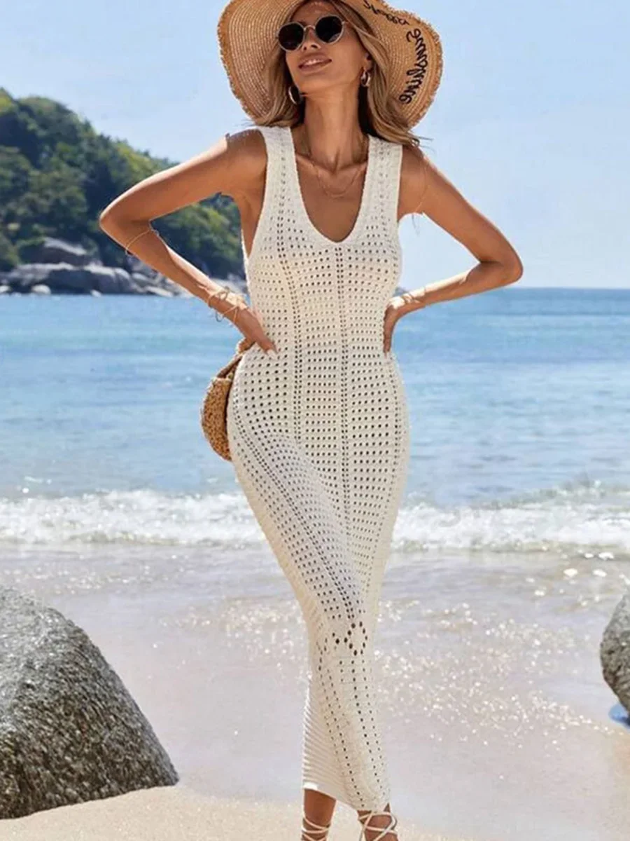 S - XL 2025 V Neck Hollow Out Crochet Knitted Tunic Beach Cover Up Long Cover-ups Beach Dress Beach Wear Beachwear Female Women 4
