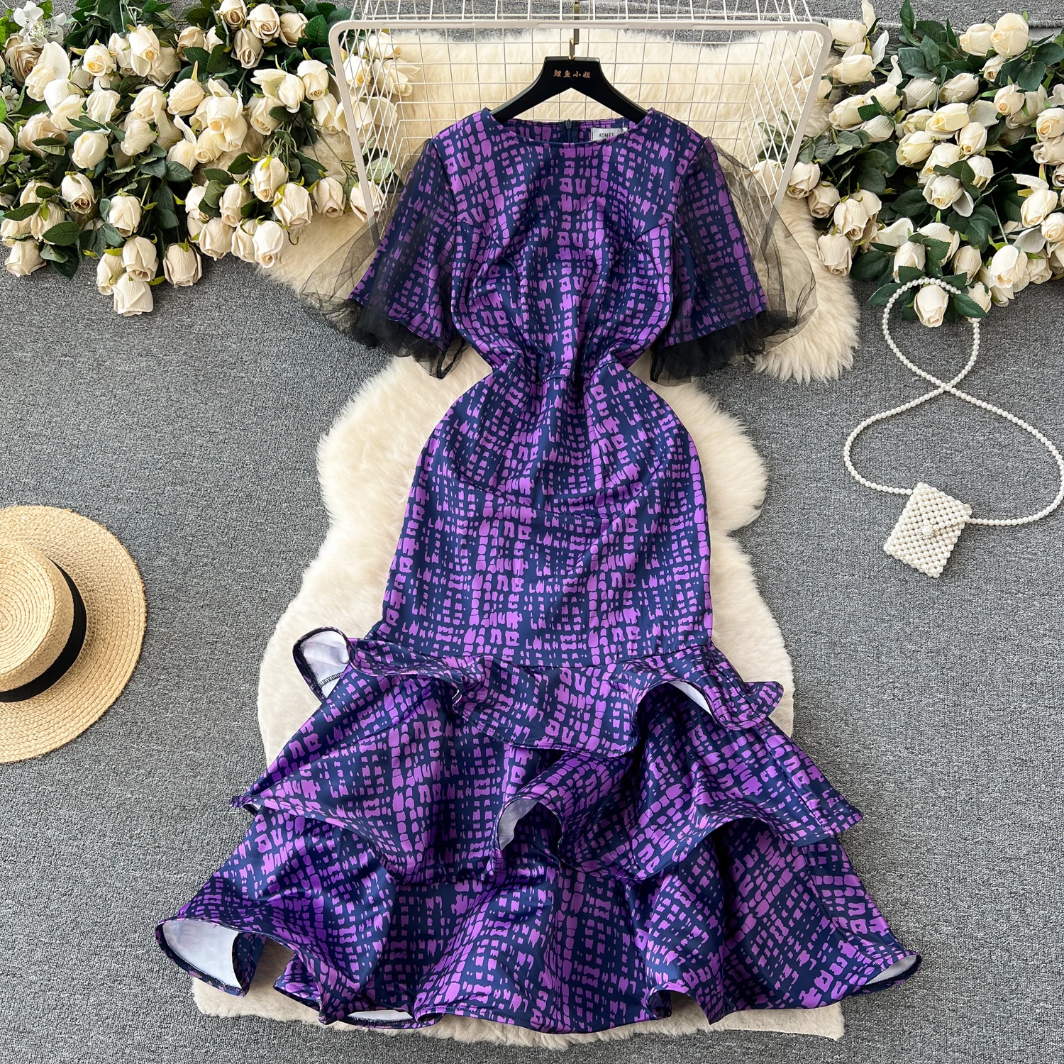 

VANOVICH French Style Sweet Puff Sleeve Gauze Patchwork Long Dress Female 2023 Summer New RUFFLES Design Waist Slim A-line Dress