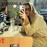 KONDALA 2026 Spring Summer Casual Butter Yellow Striped Women Suit Fashion Vintage Turn Down Collar Loose Shirt Drawstring Pant - Image 5