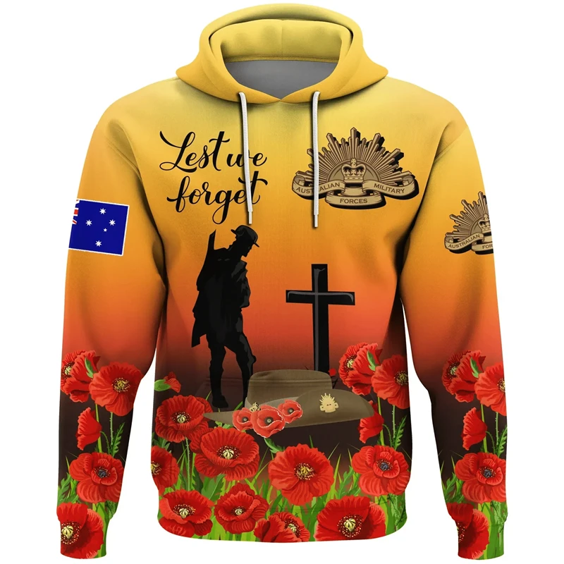 thumbnail image 1 of Sudadera con capucha con estampado 3D del Día de Anzac para hombre, ropa para que no olvidemos a Australia y Nueva Zelanda, sudaderas con héroes, suéteres con flores Remember, 1 of 5