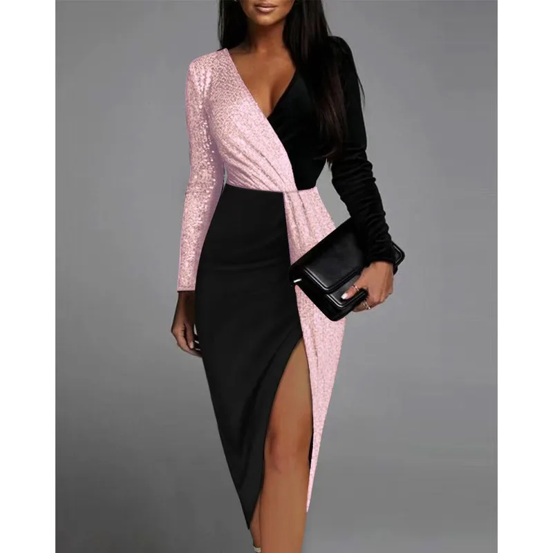 High Waist Party Evening Midi Dresses For Women 2022 Elegant Black Gold Sequins Patchwork Long Sleeve Prom Slit Dress