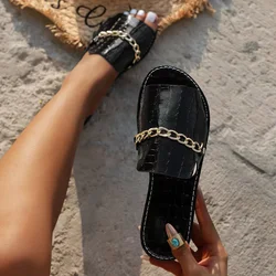 Big Size 36-42 Summer Gold Metal Chain Slippers Women’s Flat Luxury Outdoor Beach Flip Flop Female Sandals Trend Slides Shoes