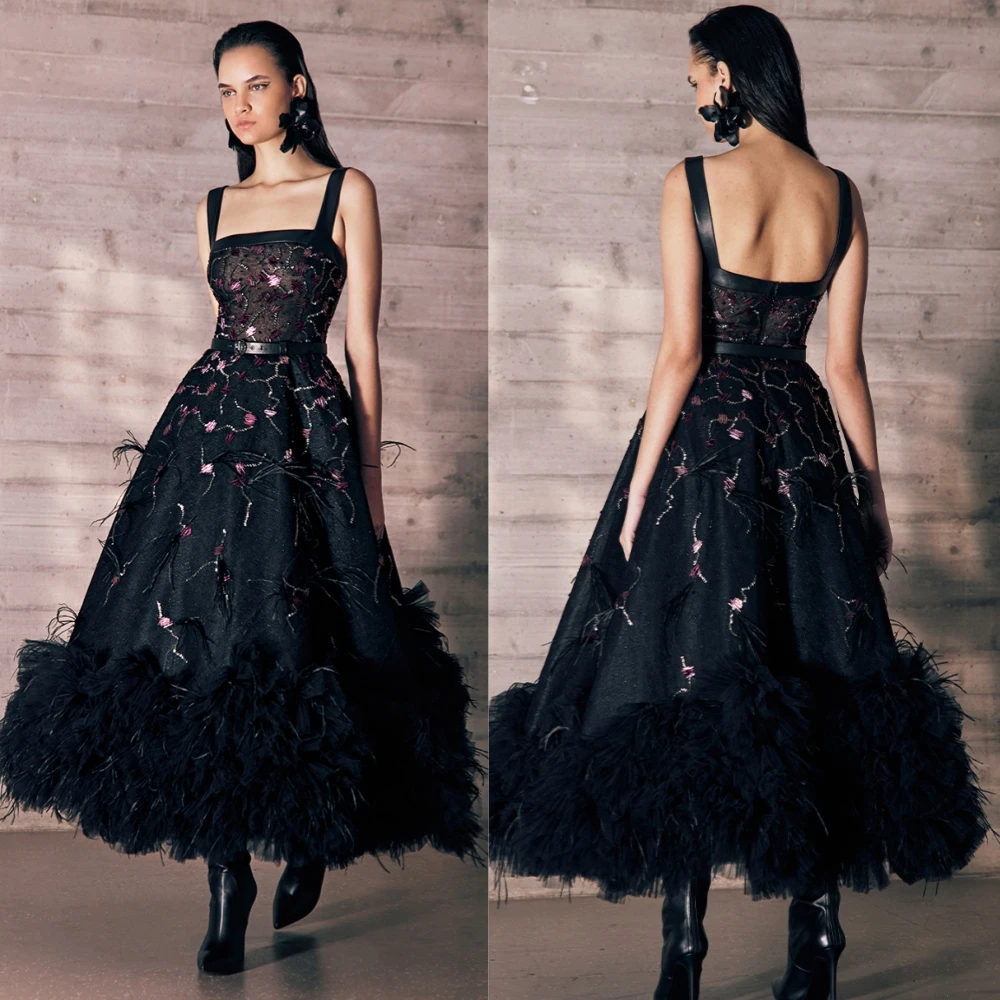 

Zhitomyr High Quality Spaghetti A-line Prom Dresses Paillette Tassel Sequin Satin Anke Length Custom Dress