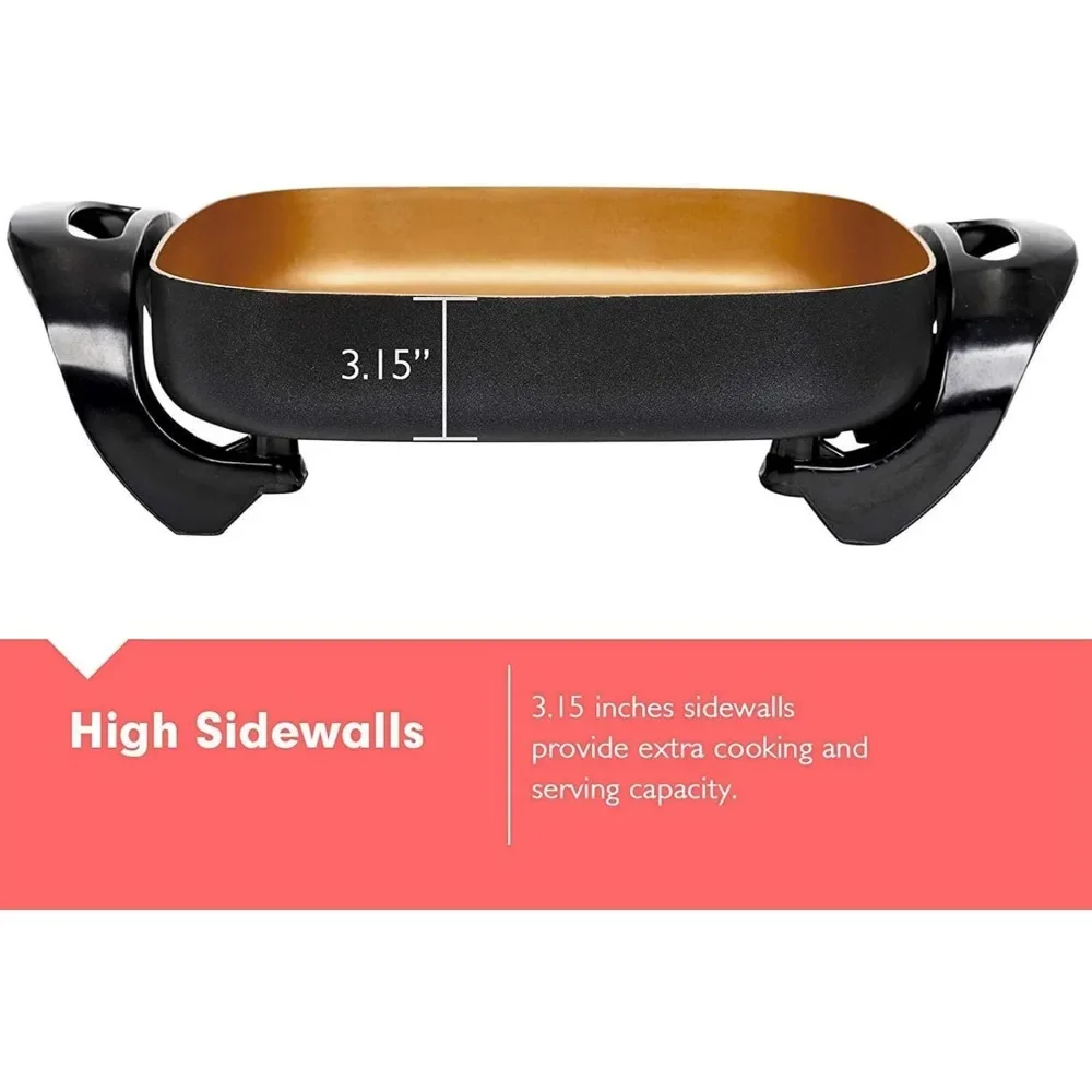 Professional Non-stick Copper Electric Skillet Jumbo, Deep Dish with Tempered Glass Vented Lid, Upgrade Thermostat 3