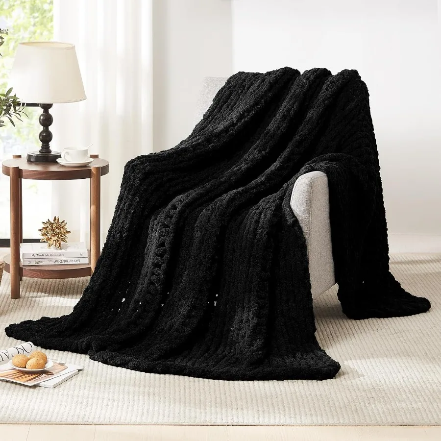 Chunky Knit Blanket Throw: 72''x84'' Chenille Chunky Knitted Throw Blanket for Bed Couch Handmade Thick Big Cable Knit Blanket