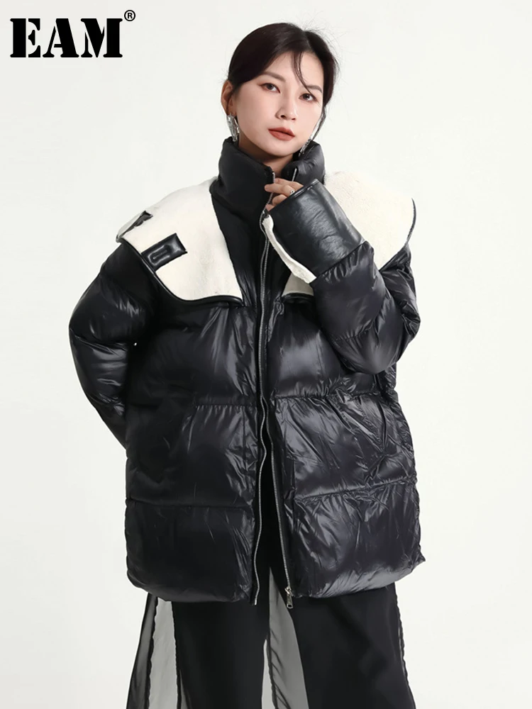 

[EAM] Black Lambswool Big Size Down Jacket New Hooded Long Sleeve Warm Women Parkas Fashion Tide Autumn Winter 2023 1DF2795