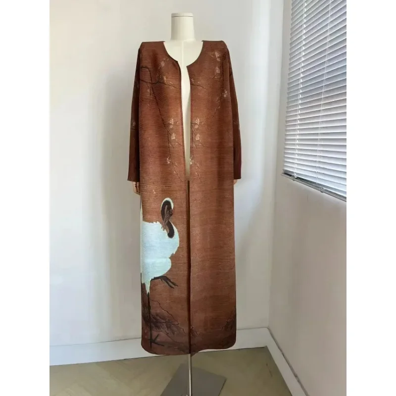 

Miyake Pleated Women Vintage Printed Robe Autumn New Loose Large Size Cardigan Design Female Luxury Trench Longer Jacket