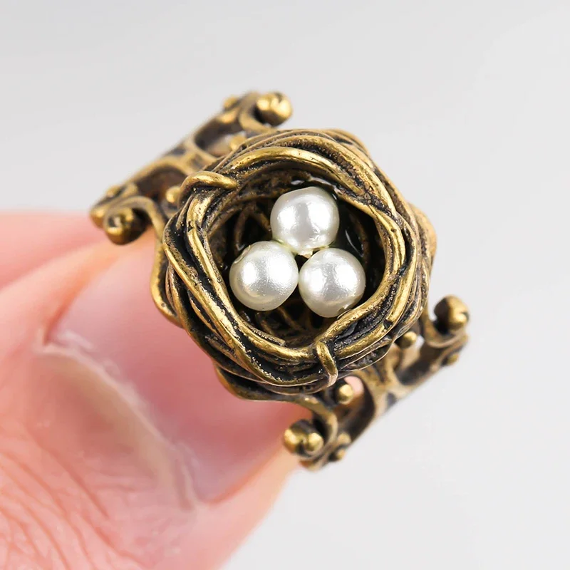 Finger Ring New Fashion Vintage Bird Nest Imitation Pearl Open Rings For Women Girls Anniversary Birthday Gifts Party Jewelry